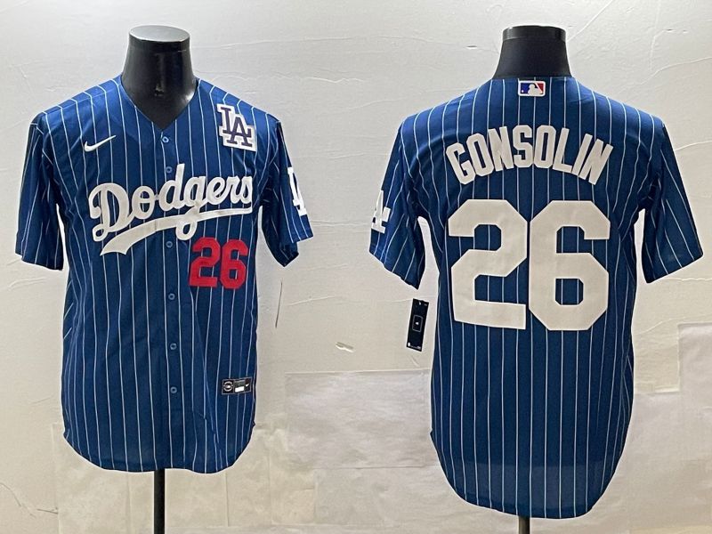 Men Los Angeles Dodgers 26 Gonsolin Blue Stripe Fashion Game 2025 Nike MLB Jersey style 5